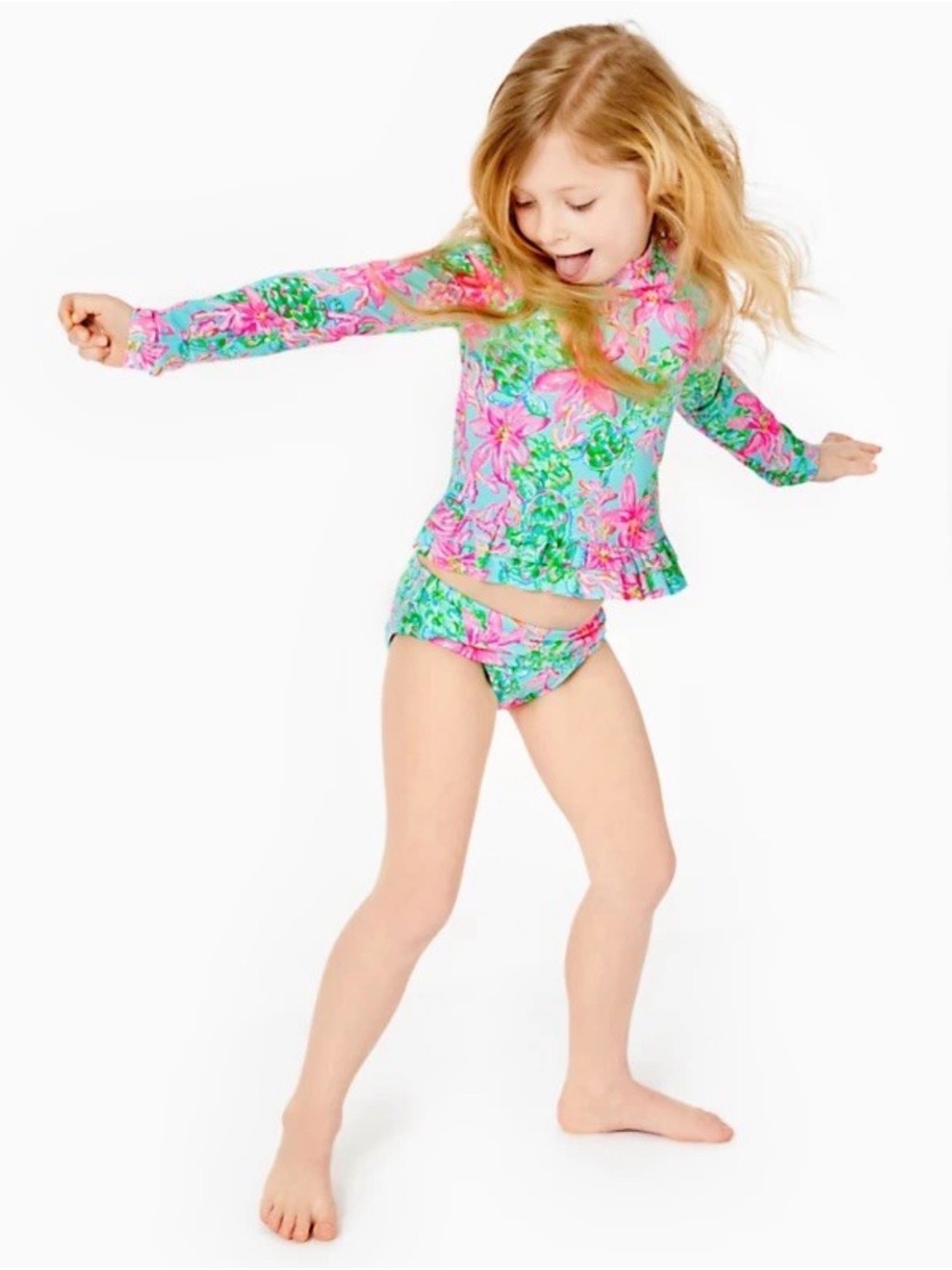 Lilly Pulitzer Pink Floral & Aqua Kids Rashguard Long-Sleeve Bikini Set